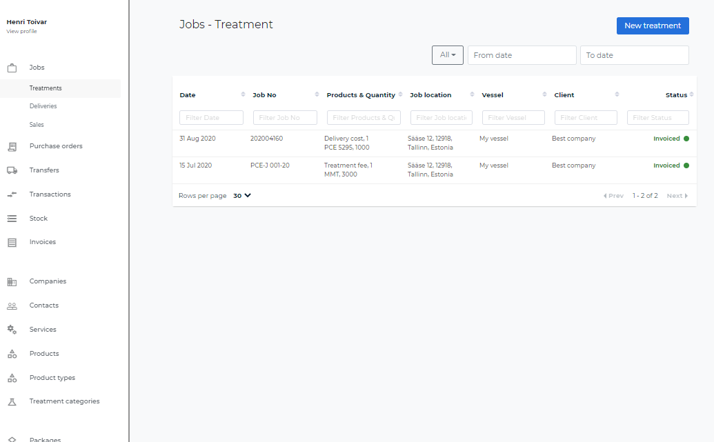 Elevate Cargo ERP dashboard showing cargo treatment jobs, products, vessels, and invoice status
