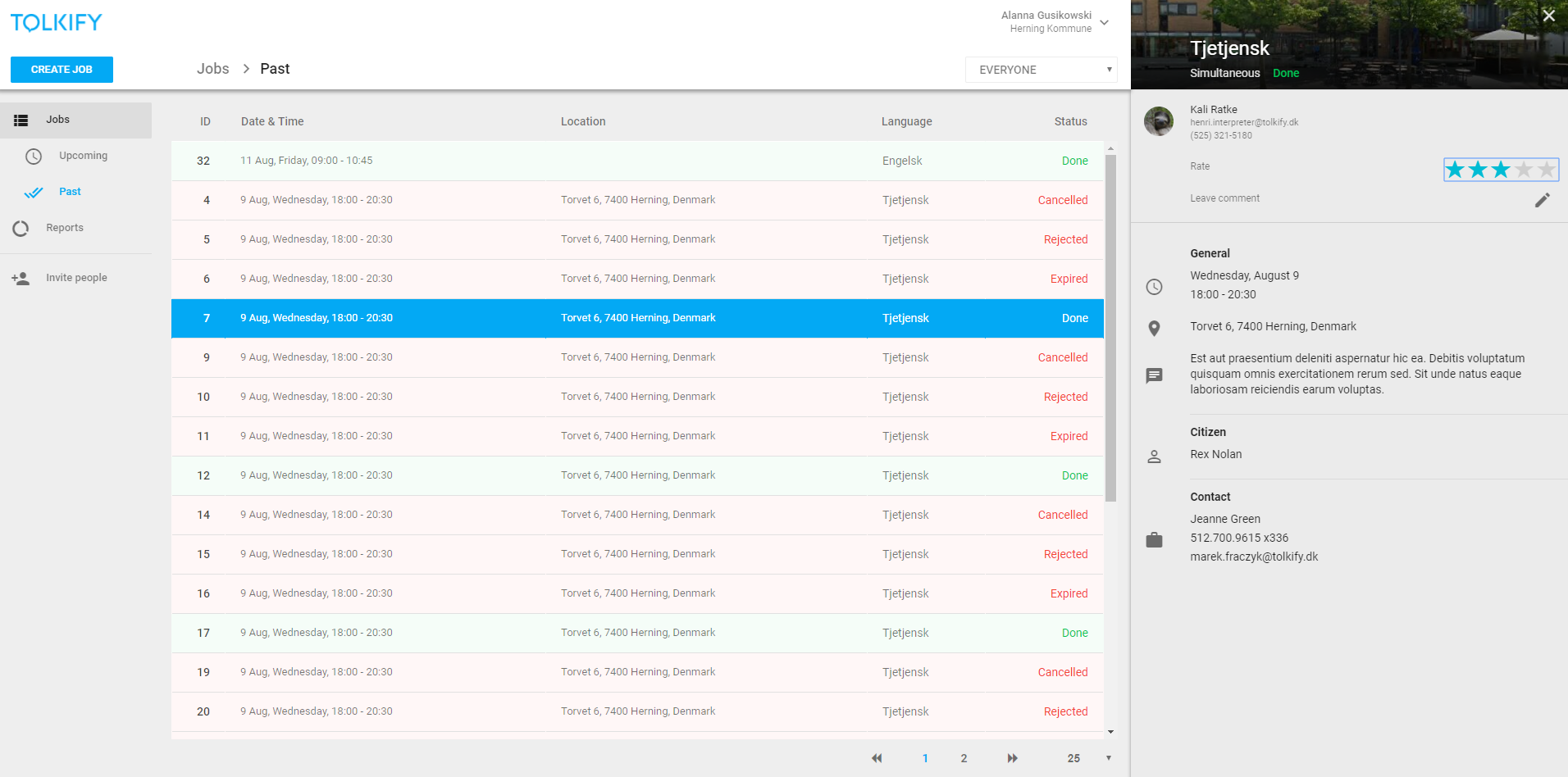 Elevate Dispatch admin dashboard listing jobs by date, location, language, and status