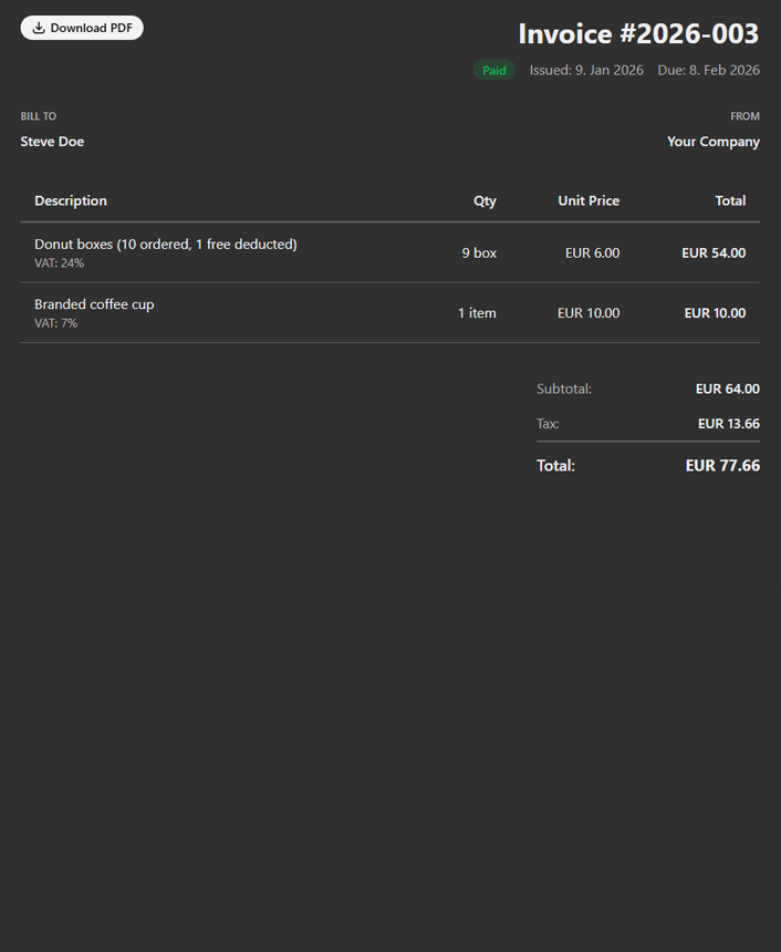 Elevate Invoices detail view with line items, VAT, and totals