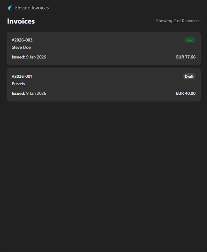 Elevate Invoices list view showing draft and paid invoices