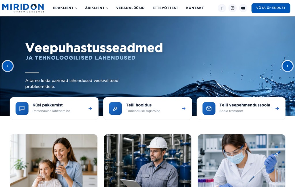 Miridon water treatment company homepage covering residential, industrial, and laboratory solutions