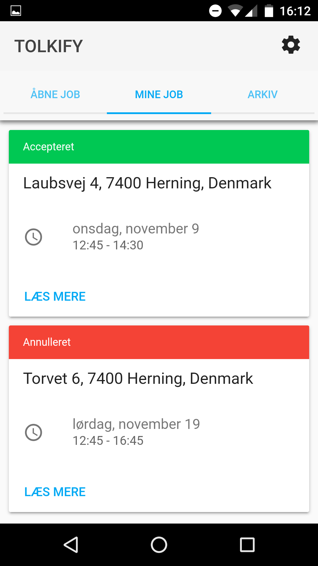 Elevate Dispatch mobile app showing accepted and cancelled jobs
