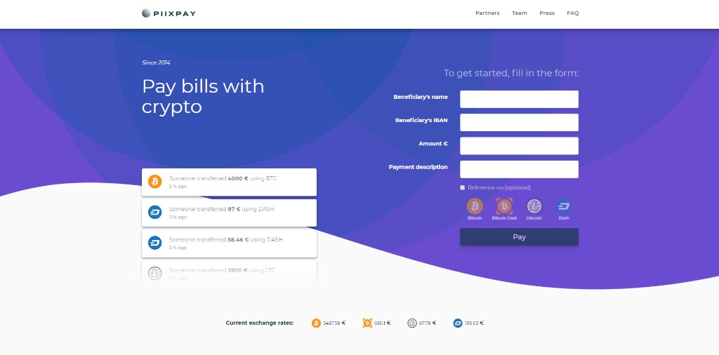 Piixpay landing page for paying invoices and bills with cryptocurrency