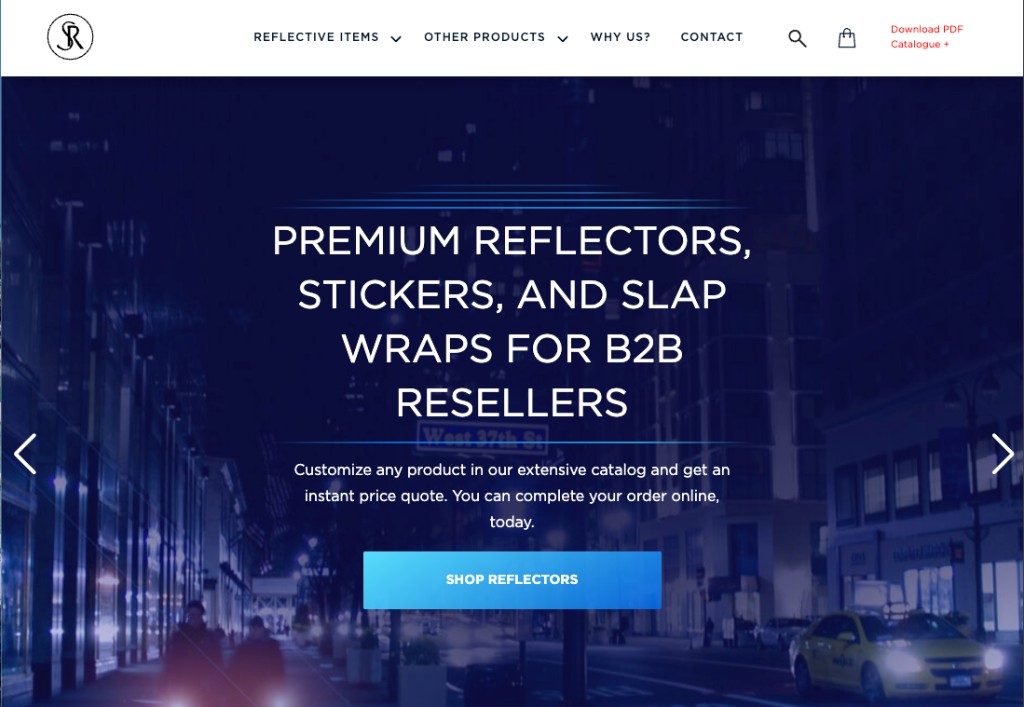 Soft Reflector storefront homepage with premium reflectors for B2B resellers and instant quote customization